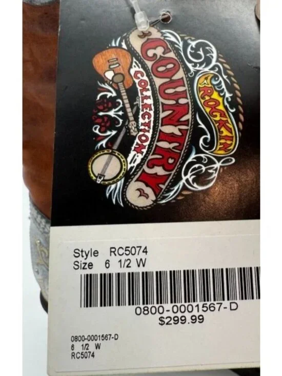 Rockin Country Cowboy Boots Cowgirl Brown Blue Leather Embroidered Women's 6.5 W - Picture 8 of 8